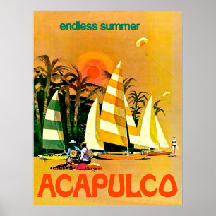 Affiche Acapulco, bateaux à voile sans fin sur la côte en 