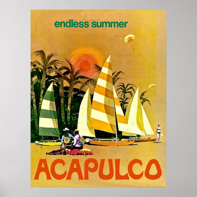 Affiche Acapulco, bateaux à voile sans fin sur la côte en  (Devant)