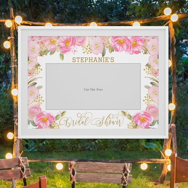 Affiche Accessoire de photo de mariage rose floral or (Bridal Shower photo prop with option to download, from my Pink and Gold Watercolor collection)