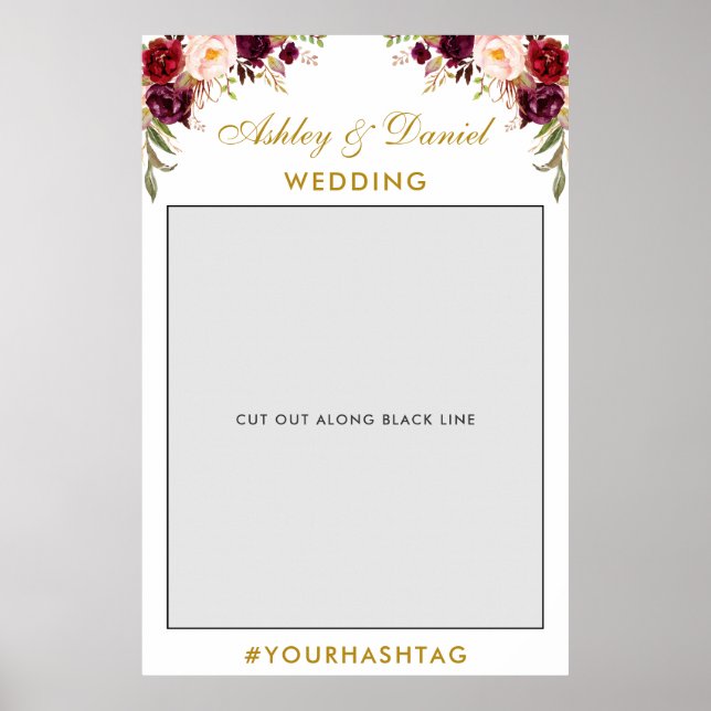 Affiche Accessoire de Photobooth de Mariage | Bourgogne Or (Devant)