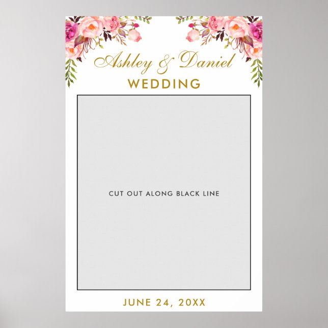Affiche Accessoire de photomaton de mariage | Fleurs roses (Devant)