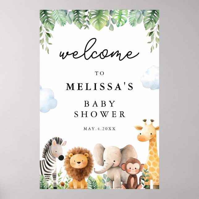 Affiche Accueil Baby shower Animaux Safari mignons (Devant)