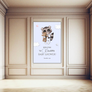 Affiche Accueil Baby shower Bleu pour garçon doux Raccoon