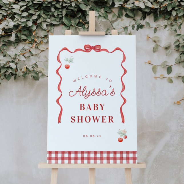 Affiche Accueil Baby shower cerise et ruban rouge (Créateur téléchargé)