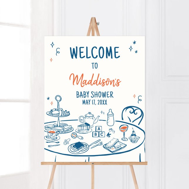 Affiche Accueil Baby shower de fête à main levée (Hand Drawn Baby Brunch Party Baby Shower Welcome Sign)