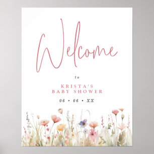Affiche Accueil Baby shower de fleurs sauvages roses et po