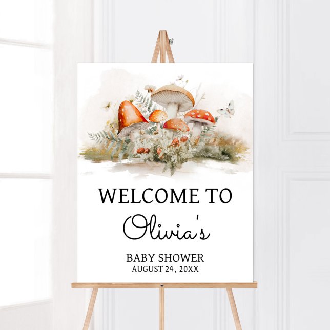 Affiche Accueil Baby shower de la forêt de champignons enc (Enchanted Mushroom Baby Shower Welcome Sign)