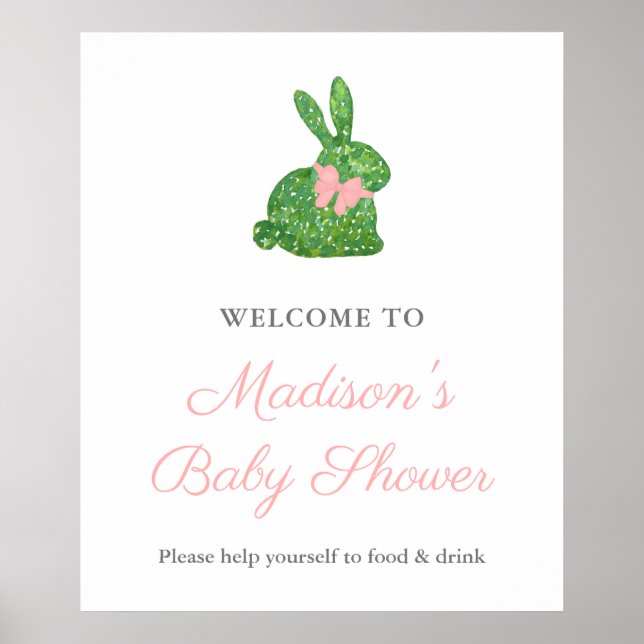 Affiche Accueil Baby shower De Lapin Rose Et Vert Préppy (Devant)