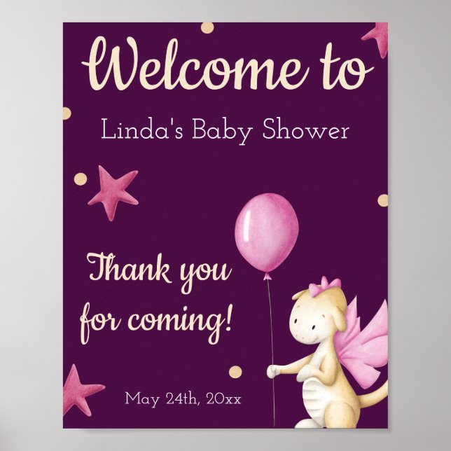 Affiche Accueil Baby shower Dragon Rose Cute (Devant)