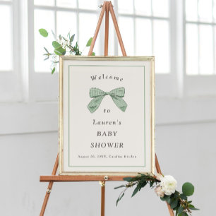 Affiche Accueil Baby shower élégant avec Bow Plaid Sage Lé