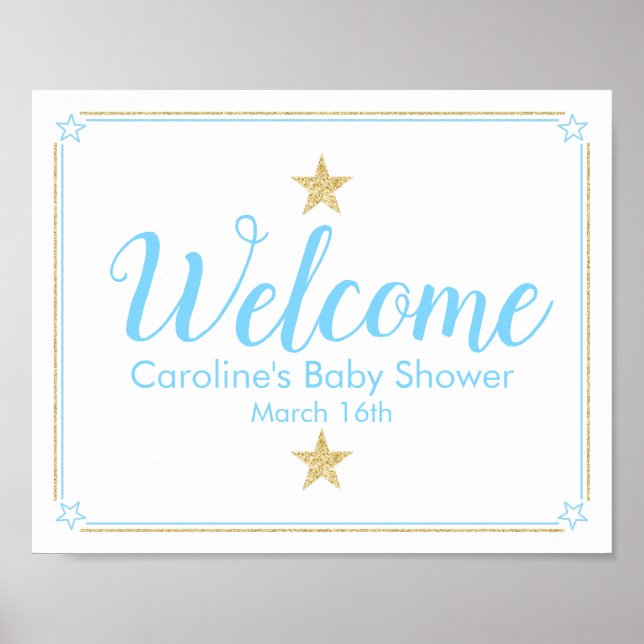 Affiche Accueil Baby shower en or bleu Little Star Twinkle (Devant)