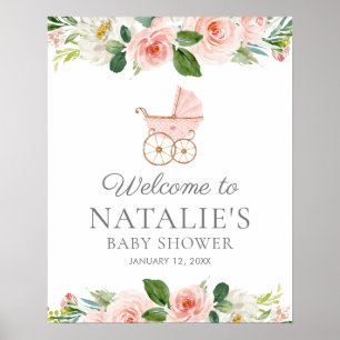Affiche Accueil Baby shower Fille Rose Floral