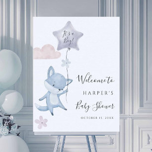 Affiche Accueil Baby Shower Garçon Renard Mignon en Ballon