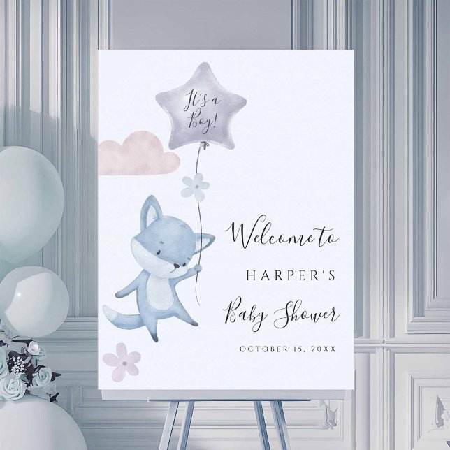 Affiche Accueil Baby Shower Garçon Renard Mignon en Ballon (Créateur téléchargé)