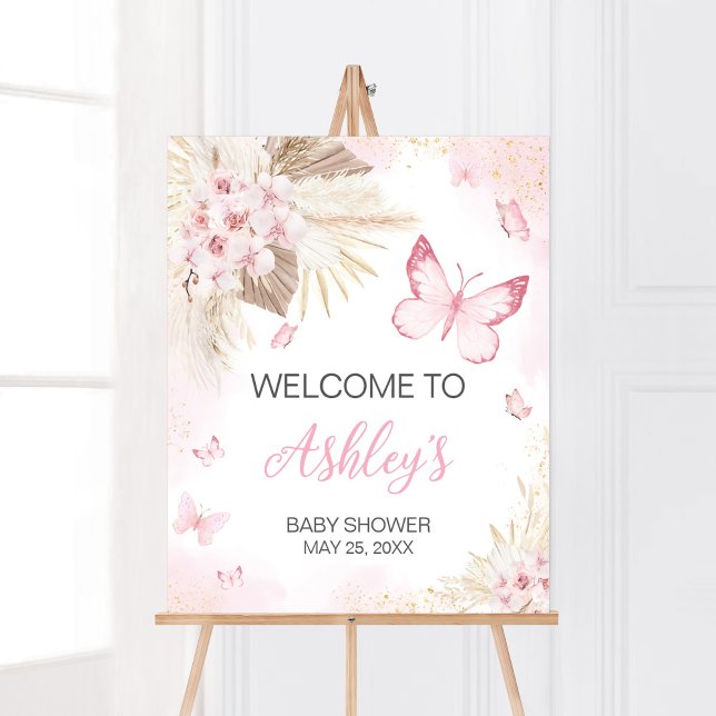 Affiche Accueil Baby shower papillon rose (Girl Butterfly Pampas Grass Baby Shower Welcome Sign)