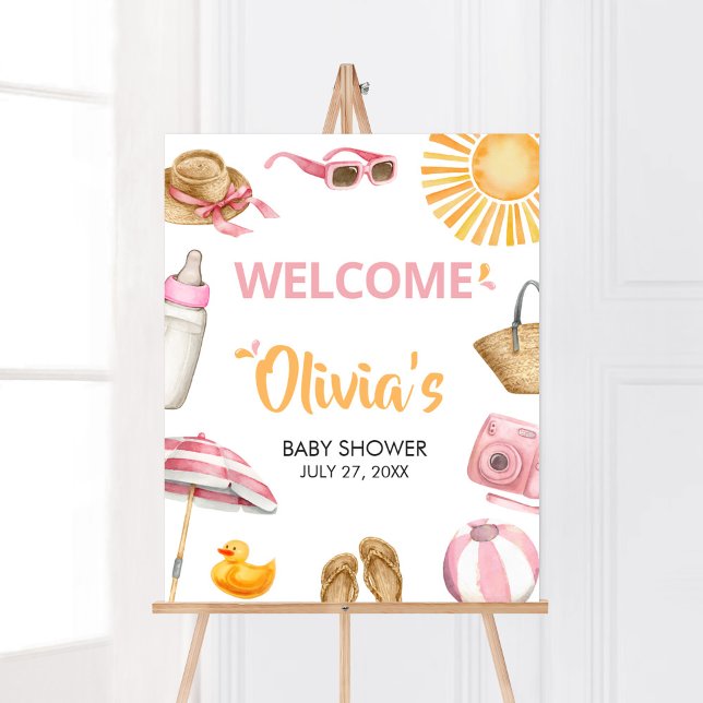 Affiche Accueil Baby shower Pink Splish (Girl Summer Beach Baby Shower Welcome Sign)
