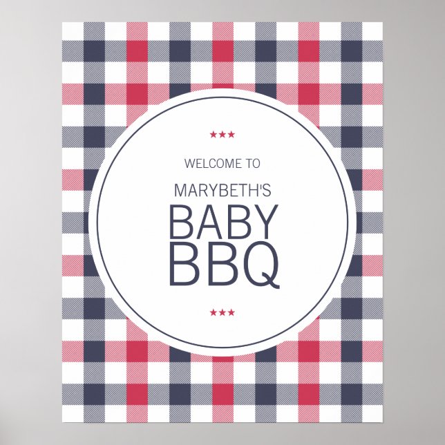Affiche Accueil Baby shower préppy rouge blanc et bleu pla (Devant)