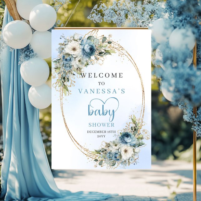 Affiche Accueil bébé fleurs de bleu poussiéreux aquarelle (Watercolor Dusty Blue Floral Greenery Baby Welcome

)