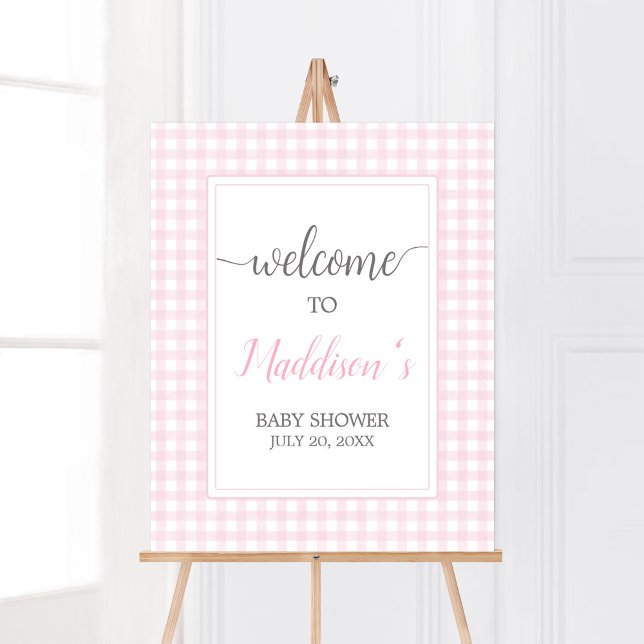 Affiche Accueil classique En vichy Baby shower rose (Girl Gingham Baby Shower Welcome Sign)