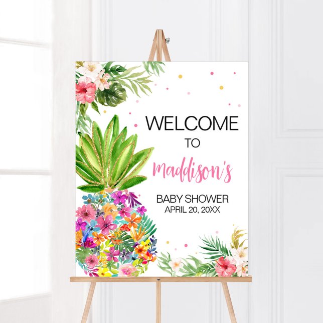 Affiche Accueil d'ananas floral tropical (Aloha Pineapple Baby Shower Welcome Sign)