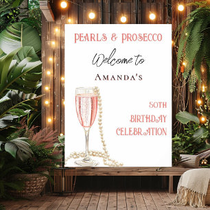 Affiche Accueil d'anniversaire rose perles et Prosecco