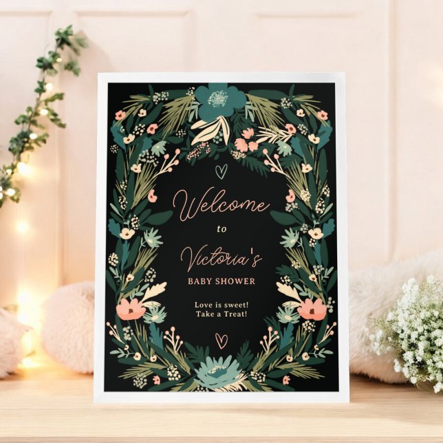 Affiche Accueil de bébé floral rose et vert capricieux (Whimsical Green Pink Floral Welcome Baby Shower Poster)