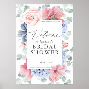 Affiche Accueil de la douche de mariage florale bleu et ro