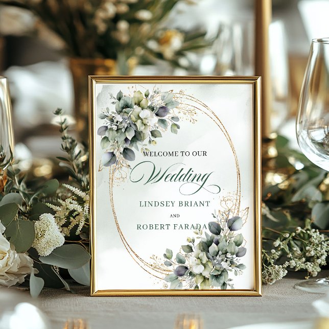 Affiche Accueil de mariage à l'aquarelle vert poussiéreux  (Botanical Dusty Green Watercolor Wedding Welcome)
