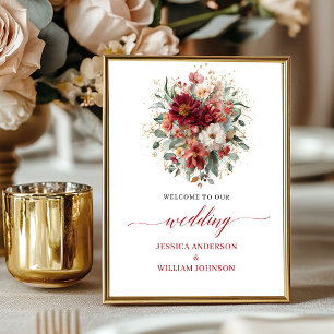 Affiche Accueil de mariage bohème floral automne rouge pro