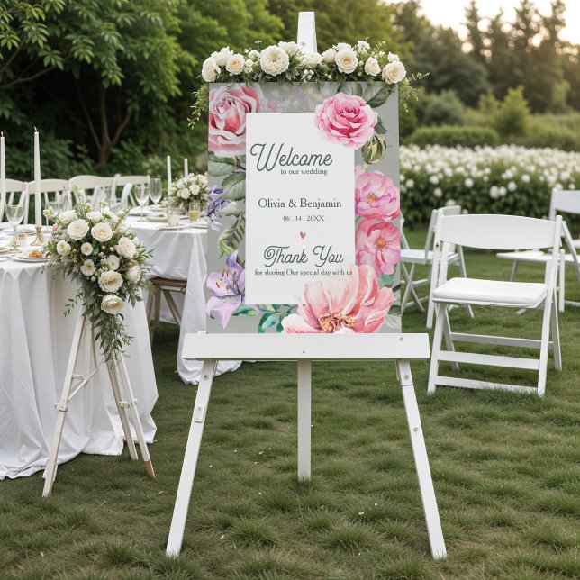 Affiche Accueil de mariage botanique romantique rose vinta (Vintage Rose Botanical Wedding Welcome Sign | Romantic Blush Floral Garden Wedding Poster)