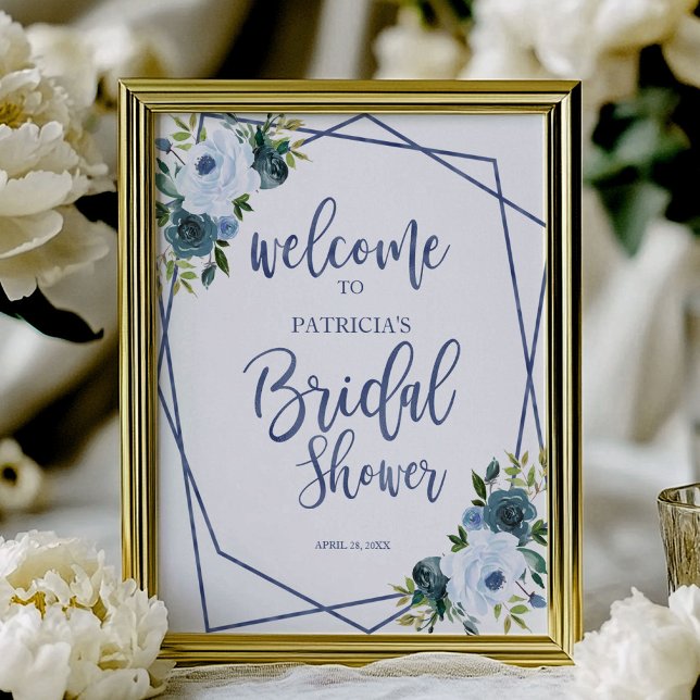 Affiche Accueil de mariage floral aquarelle bleu poussiére (Créateur téléchargé)
