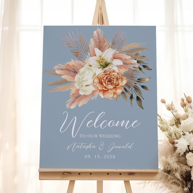 Affiche Accueil de mariage floral pêche bleu poussiéreux d (Créateur téléchargé)