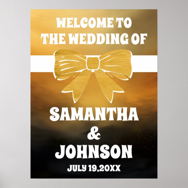 Affiche Accueil de Mariage moderne Bold Black Gold Bow (Devant)