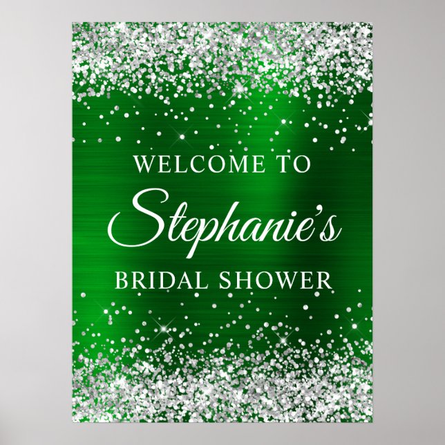 Affiche Accueil de mariage pailleté argent vert feuille mé (Devant)