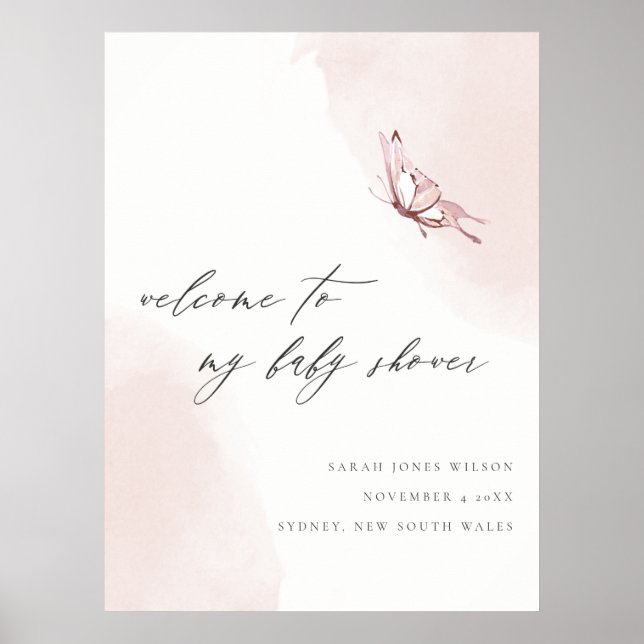 Affiche Accueil du Baby shower à papillon de couleur blanc (Devant)