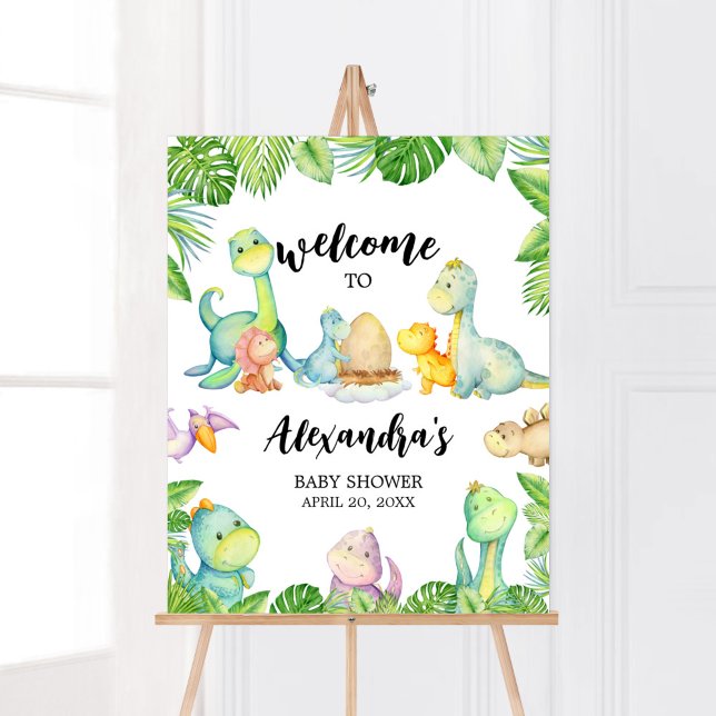 Affiche Accueil du Baby shower Cute Dinosaur (Greenery Dinosaur Baby Shower Welcome Sign)