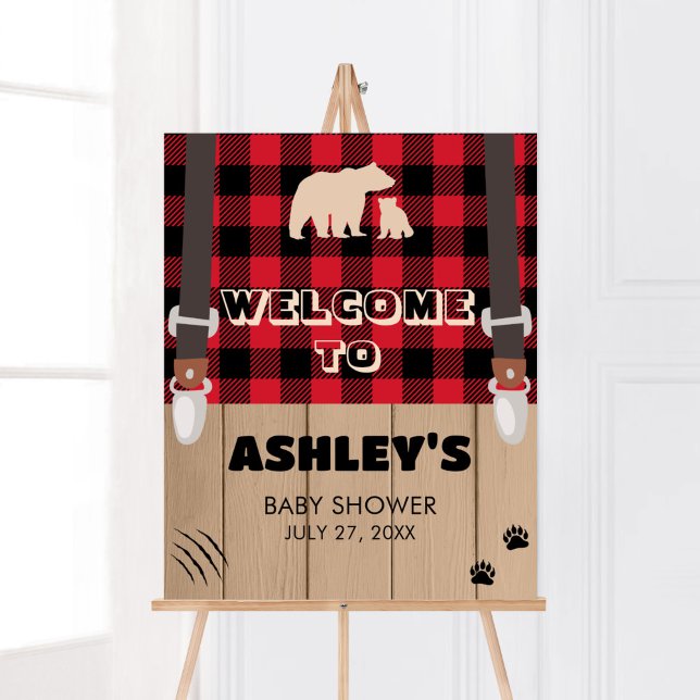 Affiche Accueil du Baby shower de bûcheron rouge rustique (Plaid Lumberjack Baby Shower Welcome Sign)