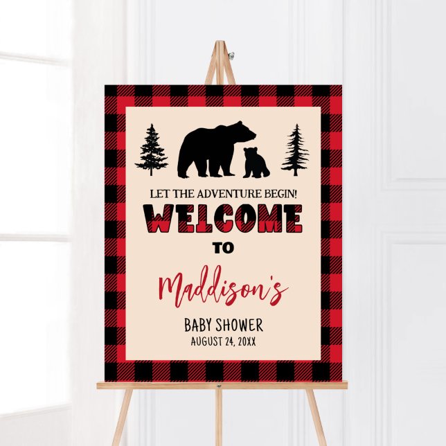 Affiche Accueil du Baby shower de bûcherons d'ours plaid (Bear Cub Plaid Lumberjack Baby Shower Welcome Sign)