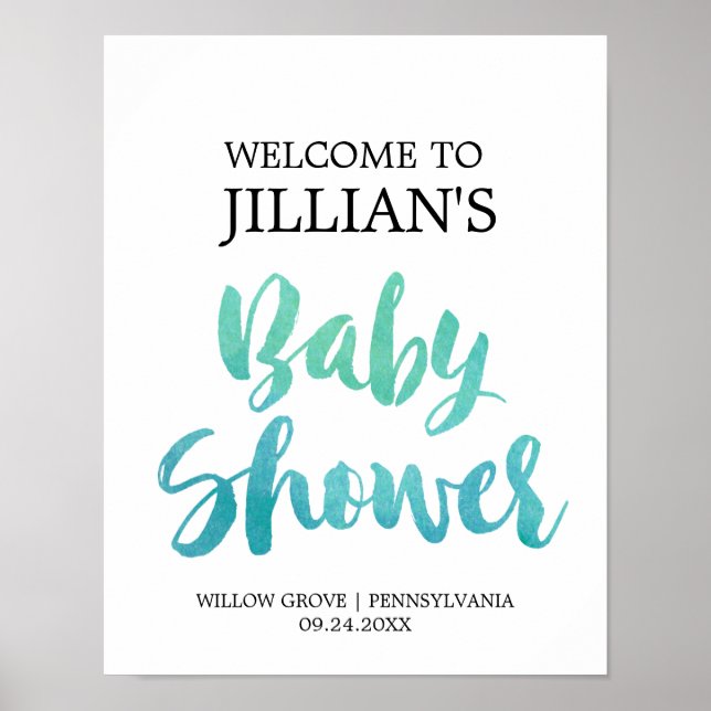 Affiche Accueil du Baby shower de calligraphie aquarelle (Devant)