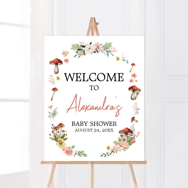 Affiche Accueil du Baby shower de champignons Fleurs sauva (Enchanted Mushroom Baby Shower Welcome Sign)