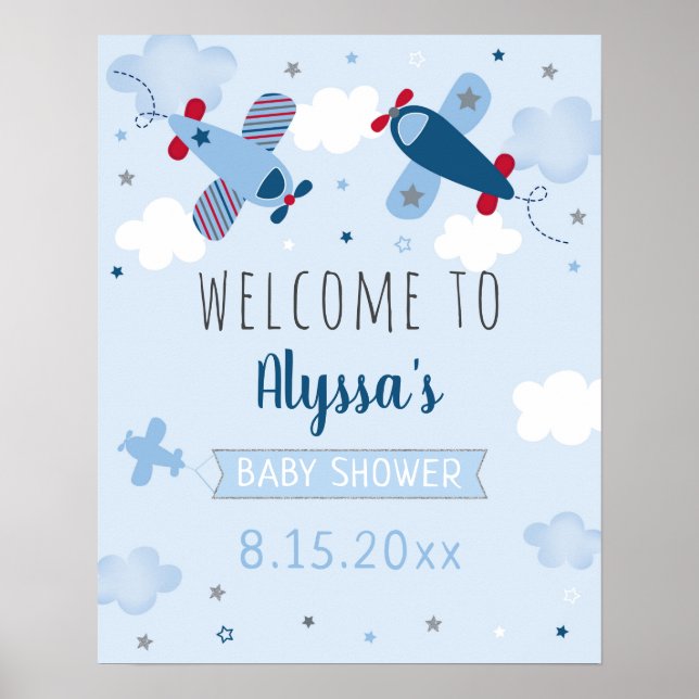 Affiche Accueil du Baby shower des nuages d'avion (Devant)
