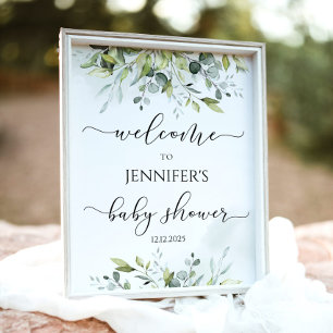 Affiche Accueil du Baby shower d'eucalyptus vert