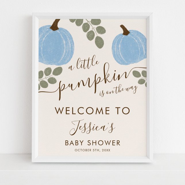 Affiche Accueil du Baby shower Eucalyptus Citrouille bleu  (Créateur téléchargé)