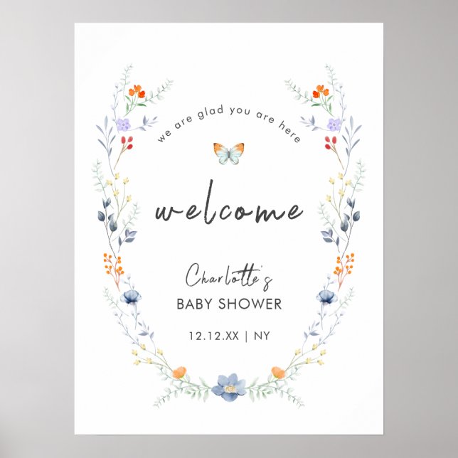 Affiche Accueil du Baby shower Fleur sauvage Boho Butfly (Devant)
