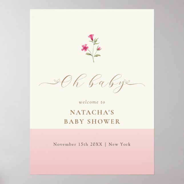 Affiche Accueil du Baby shower Fleur sauvage rose minimal (Devant)