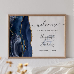 Affiche Accueil du Mariage Agate Navy Blue Gold Script