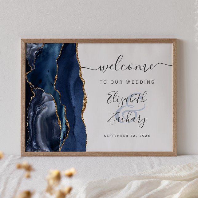 Affiche Accueil du Mariage Agate Navy Blue Gold Script (Créateur téléchargé)