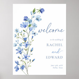 Affiche Accueil du Mariage Floral bleu Dusty