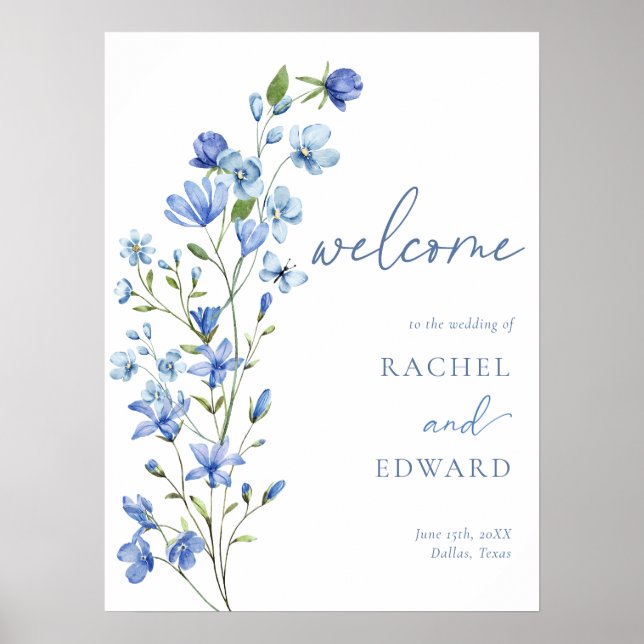 Affiche Accueil du Mariage Floral bleu Dusty (Devant)
