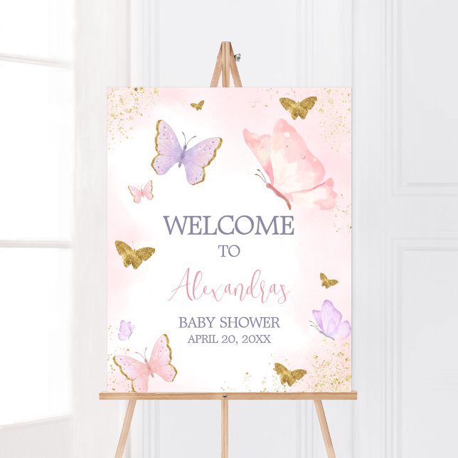 Affiche Accueil du papillon rose or (Purple Gold Butterfly Baby Shower Welcome Sign)